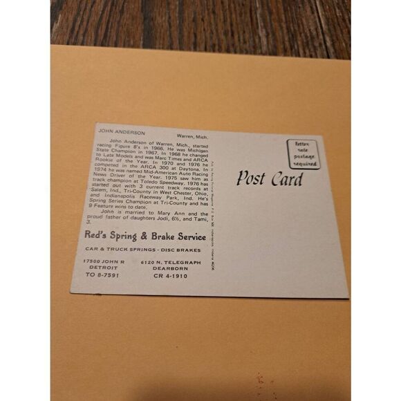 Vintage John Anderson NASCAR Postcard #29 Red's Spring Racing Pictorial 3.5x5 - Picture 2 of 2